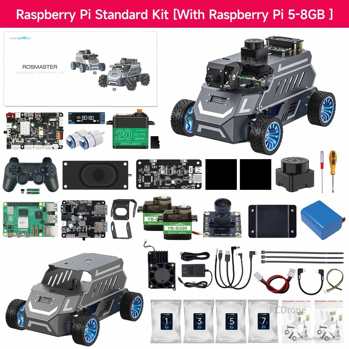 Raspberry Pi standard kit contents layout with assembled robot car and included modules and accessories