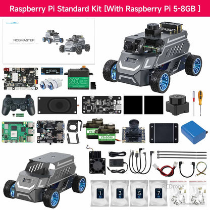 Raspberry Pi standard kit contents layout with assembled robot car and included modules and accessories