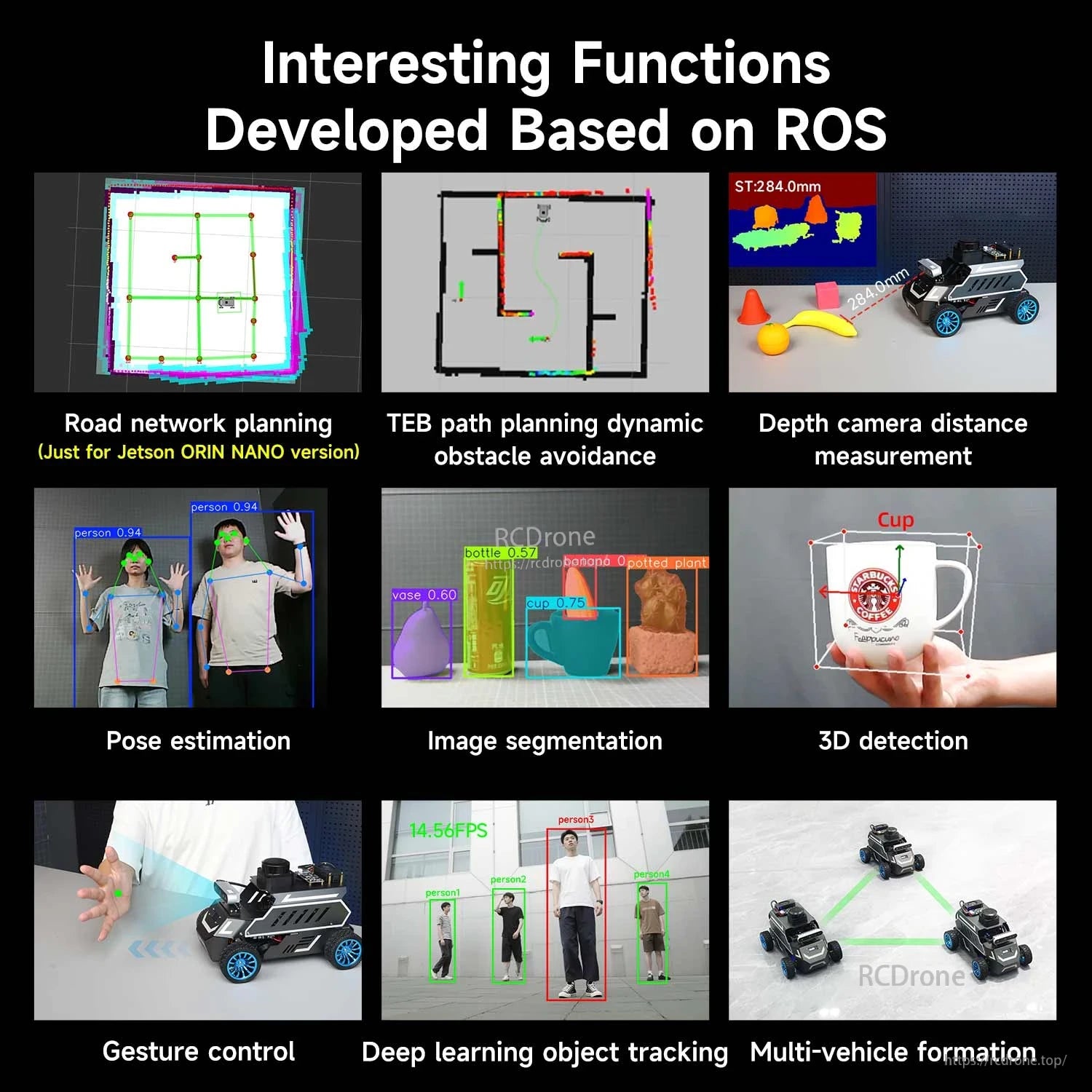 ROS-based functions collage: path planning, depth measurement, pose estimation, segmentation, gesture control