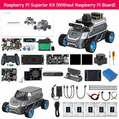 Raspberry Pi superior kit contents layout without Raspberry Pi board, modules and accessory list