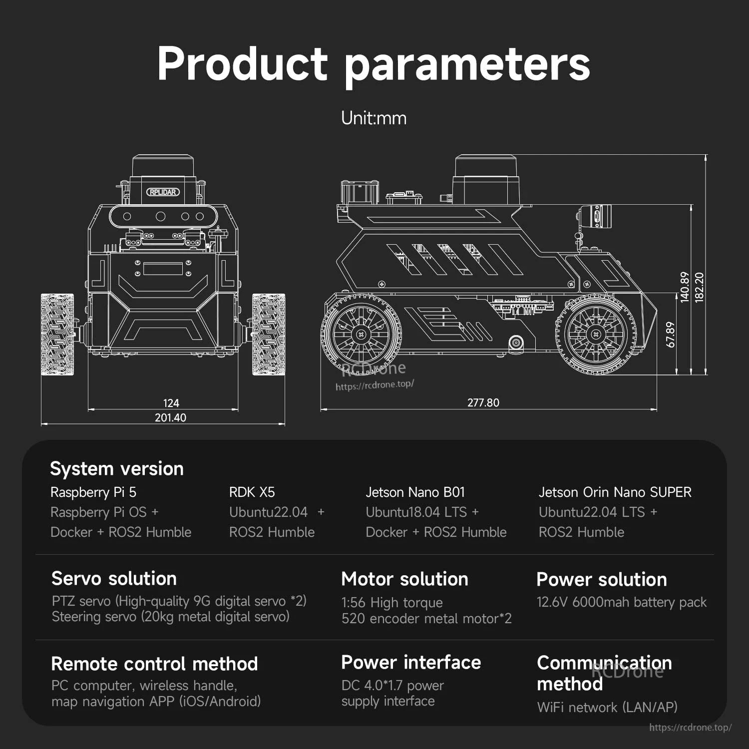 Yahboom ROSMASTER A1 ROS2 Robot product parameters diagram with dimensions and system configuration table