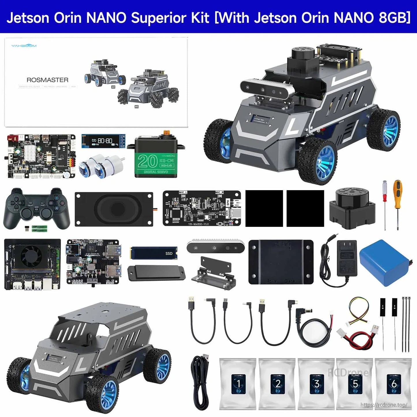 Yahboom ROSMASTER A1 ROS2 robot car kit with Jetson Orin Nano board, chassis, wheels, controller and cables
