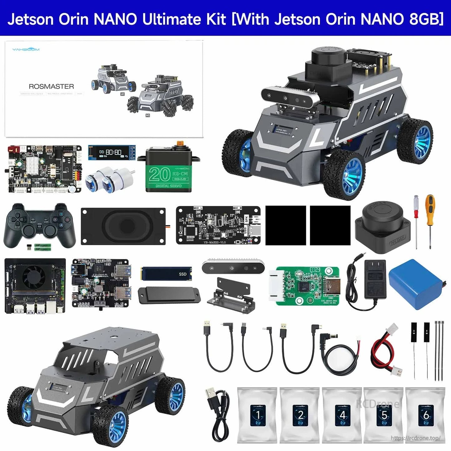 Yahboom ROSMASTER A1 ROS2 Robot, Jetson Orin Nano robot car kit with ROSMASTER chassis, wheels, control boards, sensors, cables, battery an.