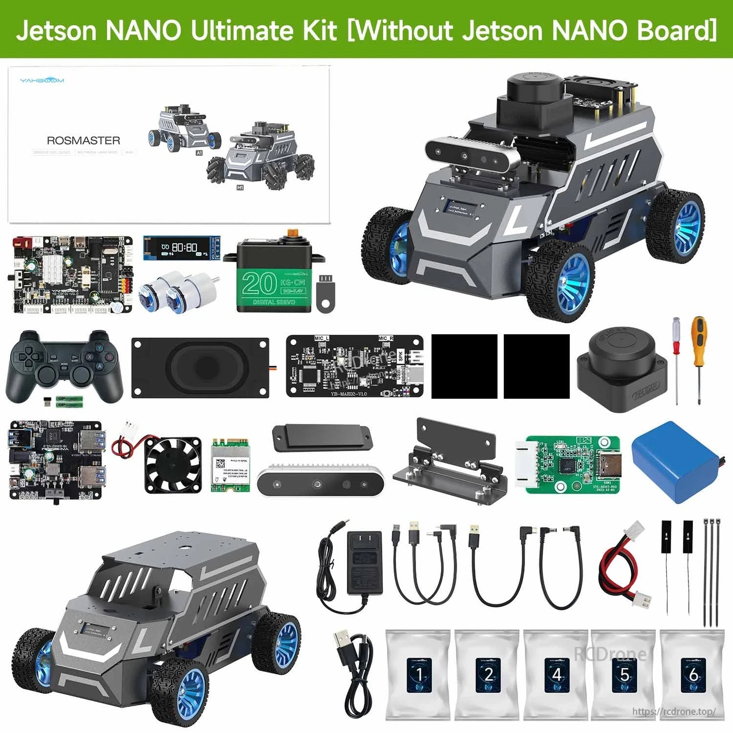 Yahboom ROSMASTER A1 ROS2 robot car kit with metal chassis, wheels, controller, sensors, boards, battery and cables