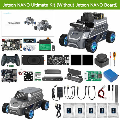 Yahboom ROSMASTER A1 ROS2 robot car kit with metal chassis, wheels, controller, sensors, boards, battery and cables
