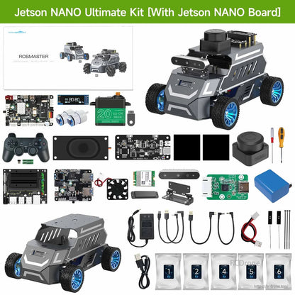 Jetson Nano ultimate kit contents layout with Jetson Nano board and expanded module and accessory set