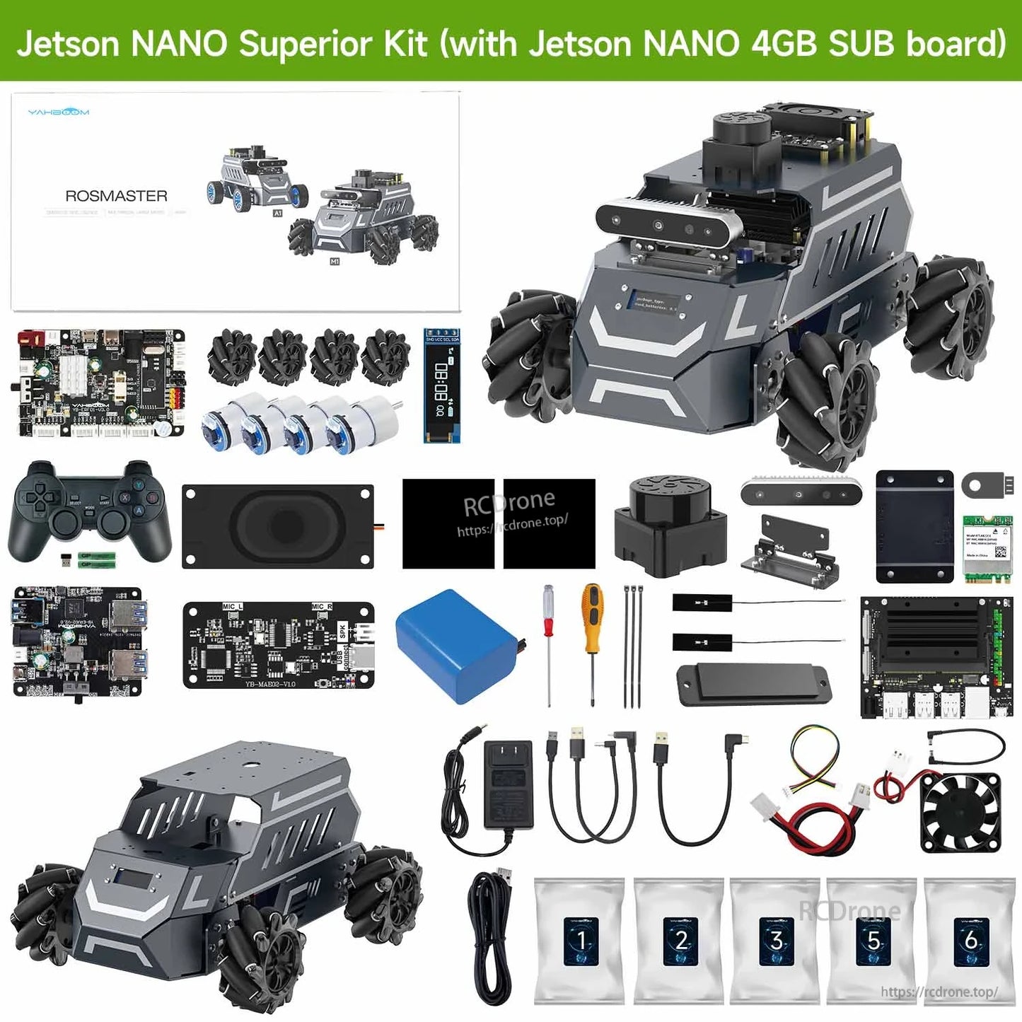 Jetson Nano superior kit contents layout with robot chassis, sensor modules, boards, cables, tools, and accessories