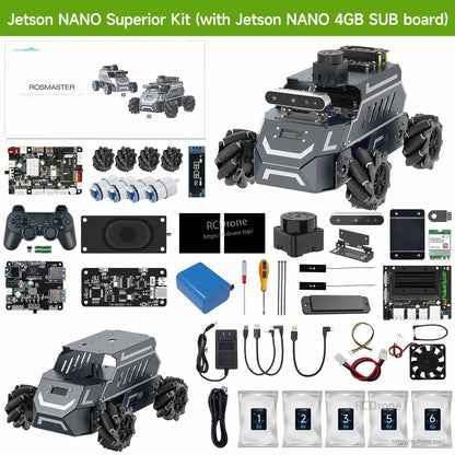 Jetson Nano superior kit contents layout with robot chassis, sensor modules, boards, cables, tools, and accessories