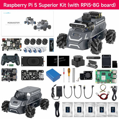 Raspberry Pi 5 superior kit contents layout showing robot chassis, added sensor modules, cables, power and tools