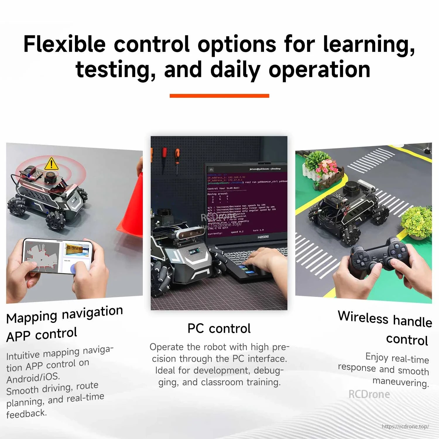 Control options infographic: mobile app mapping navigation, PC control via terminal, and wireless gamepad handle control