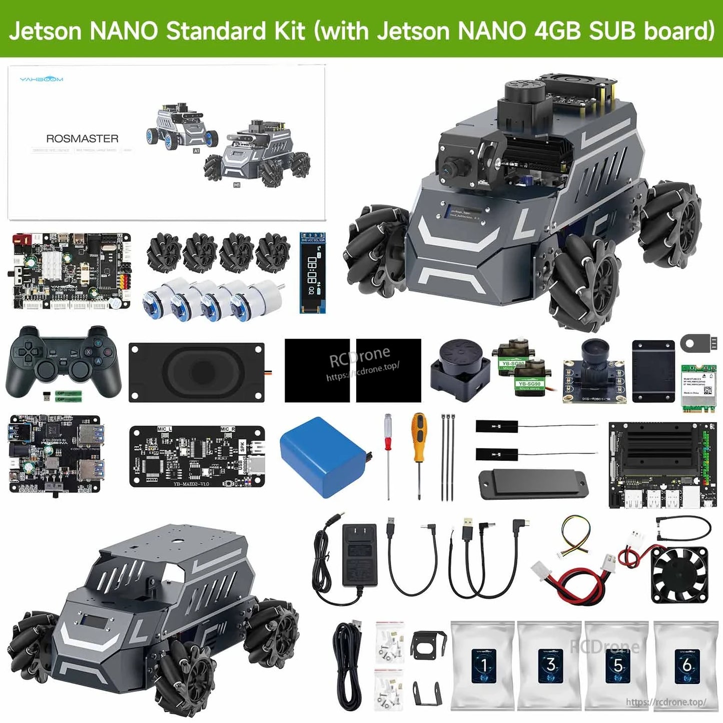 Jetson Nano standard kit contents for ROSMASTER M1, showing robot chassis, wheels, boards, camera module, cables and tools