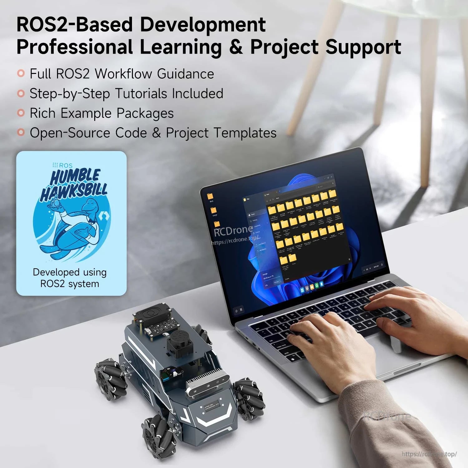 ROS2-based development learning support scene with ROS Humble logo, robot car beside laptop running project files