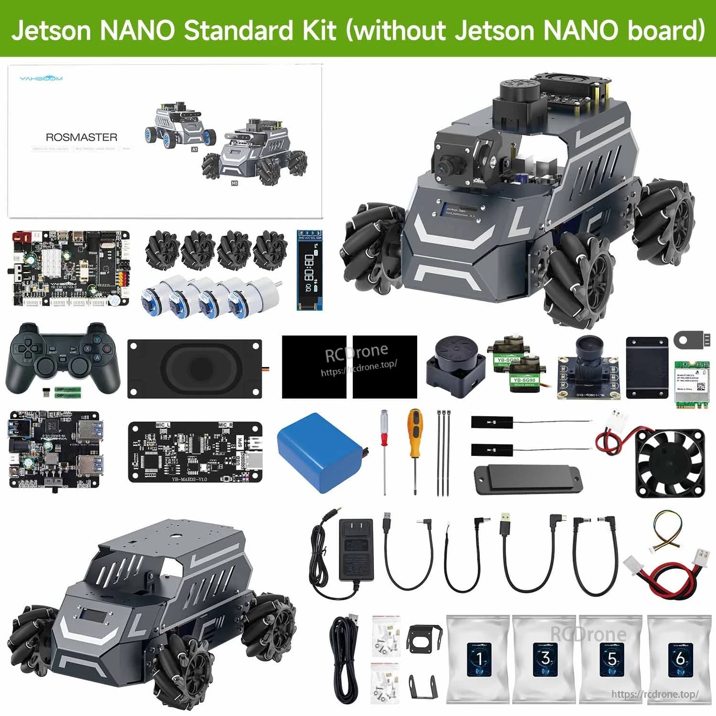 Jetson Nano standard kit (without Jetson Nano board) contents layout with robot chassis, sensors, cables, tools and parts