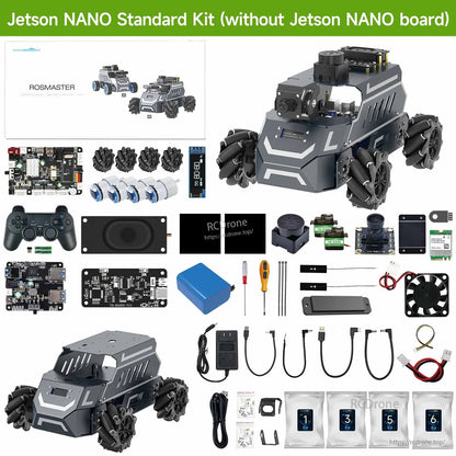 Jetson Nano standard kit (without Jetson Nano board) contents layout with robot chassis, sensors, cables, tools and parts