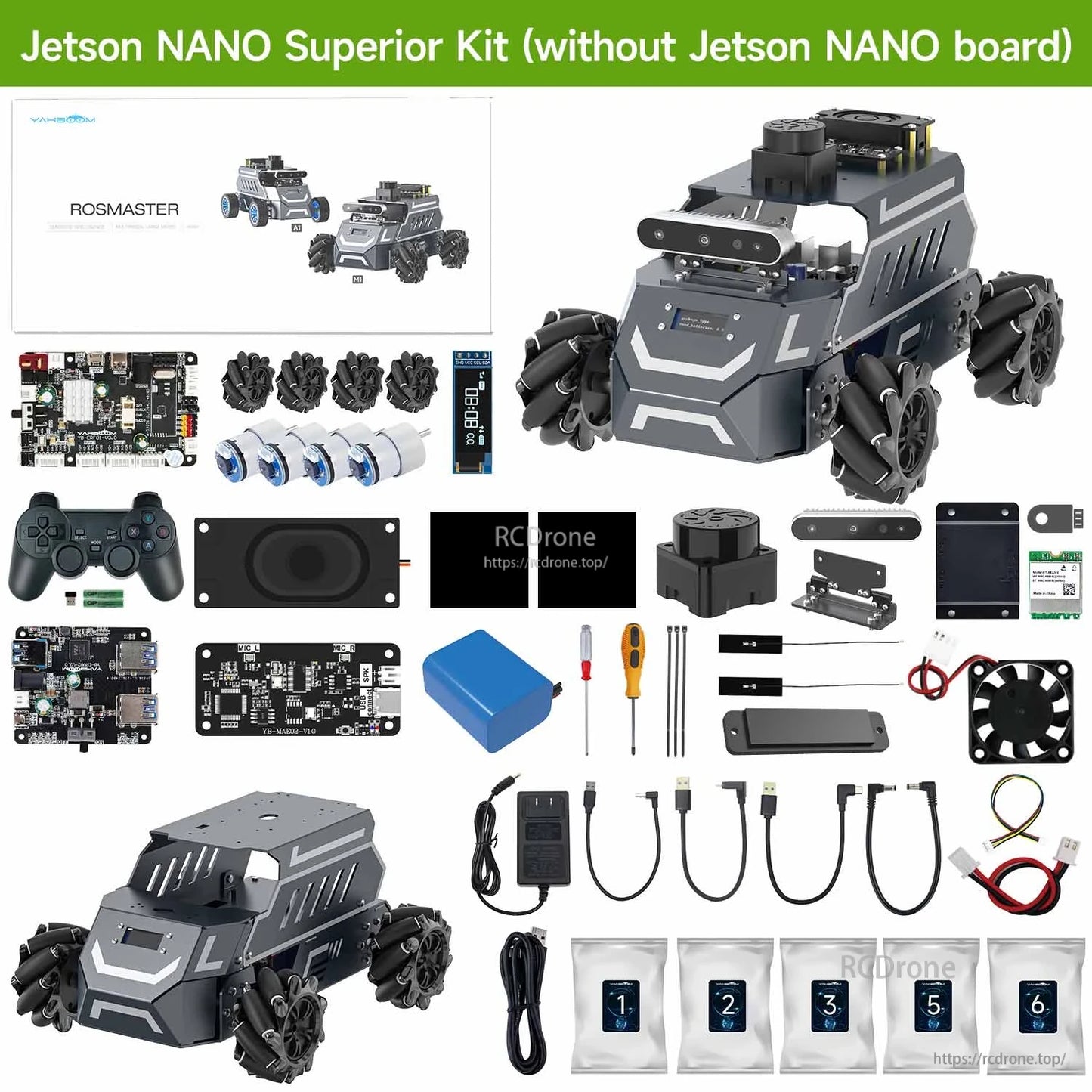 Jetson Nano superior kit (without Jetson Nano board) contents layout showing robot base, sensor modules, cables and tools
