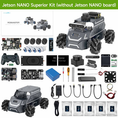 Jetson Nano superior kit (without Jetson Nano board) contents layout showing robot base, sensor modules, cables and tools