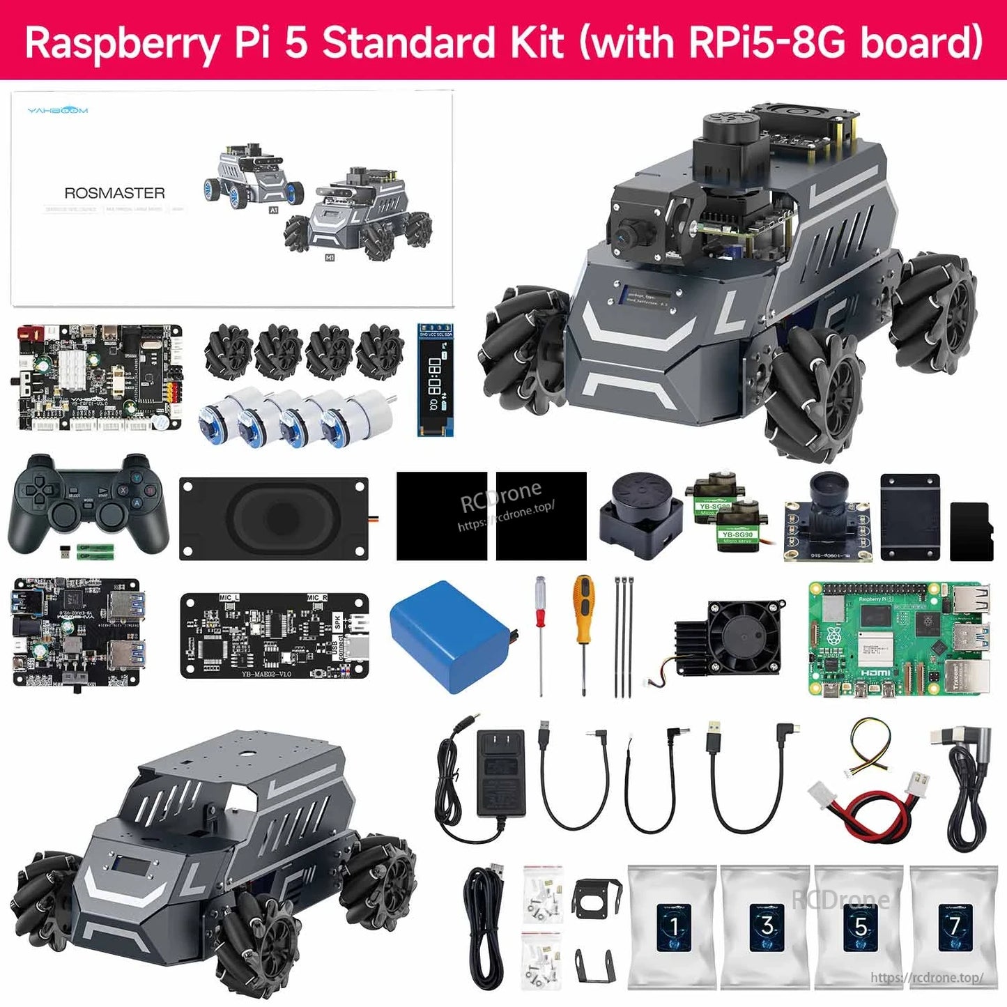 Raspberry Pi 5 standard kit contents layout with ROSMASTER M1 chassis, Raspberry Pi board, sensors, cables and tools
