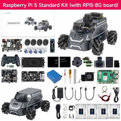 Raspberry Pi 5 standard kit contents layout with ROSMASTER M1 chassis, Raspberry Pi board, sensors, cables and tools