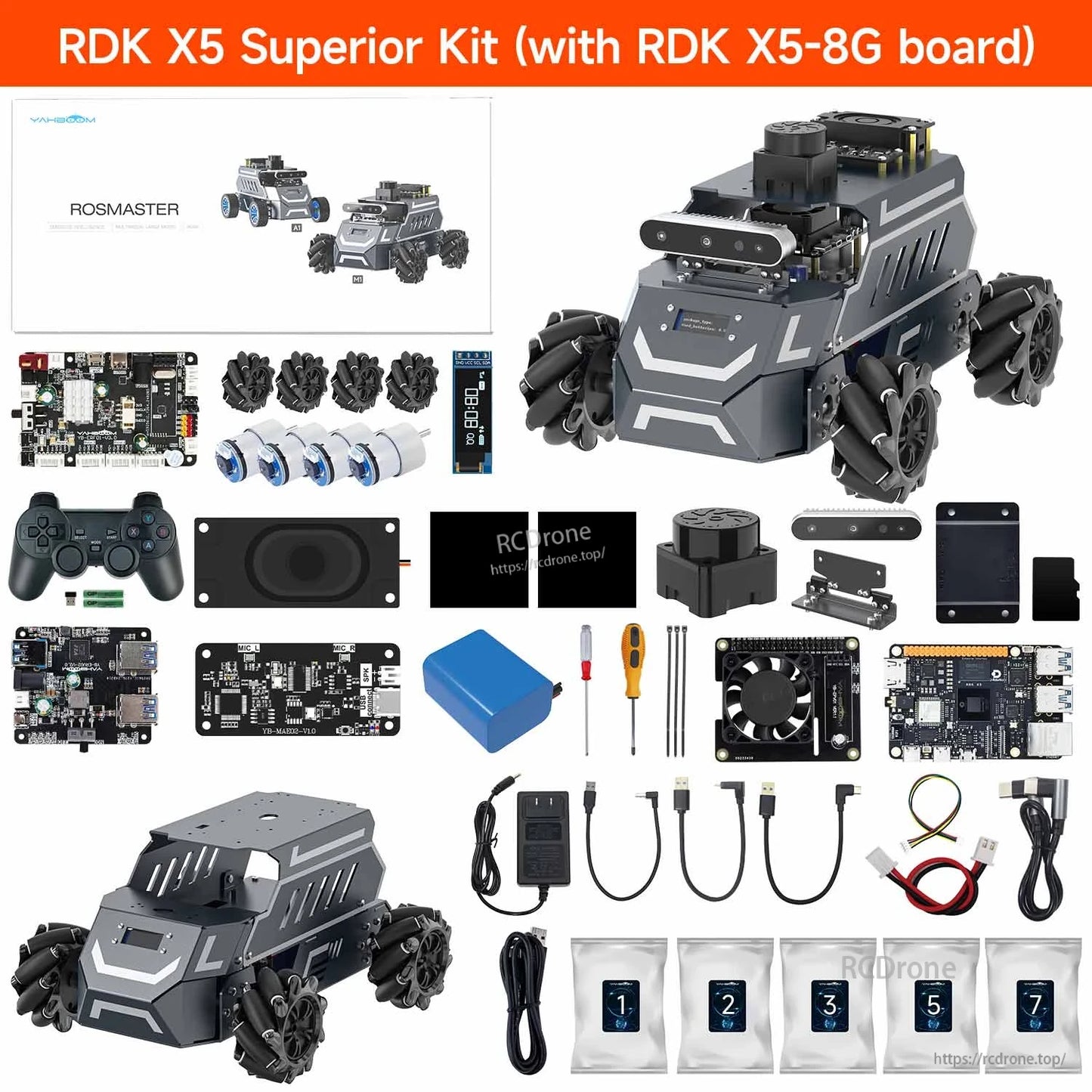 RDK X5 superior kit contents layout showing robot base plus additional sensor modules, cables, tools and accessories