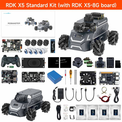RDK X5 standard kit contents layout with ROSMASTER M1 chassis, controller board, sensors, wiring, cables and tools