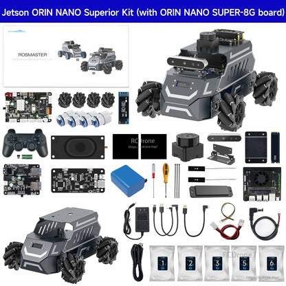 Jetson Orin Nano superior kit contents layout for ROSMASTER M1, including robot base, boards, sensors, cables and tools