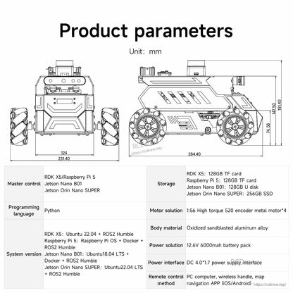 Yahboom ROSMASTER M1 ROS2 robot product parameters diagram with dimensions (284.40 x 231.40 x 184.0 mm) and specs