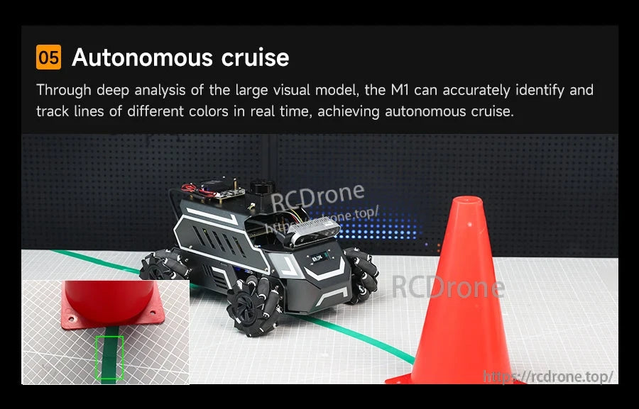 Autonomous cruise demo with line tracking on a colored path using ROSMASTER M1 vision system
