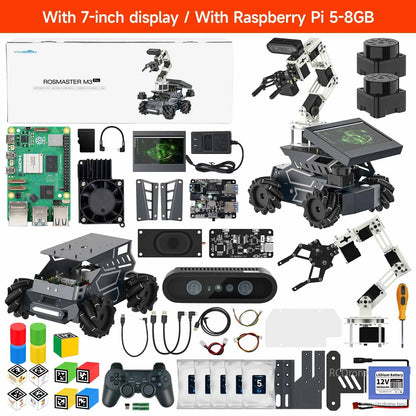 Yahboom ROSMASTER M3 Pro ROS2 robot kit with 7-inch display, Raspberry Pi 5, chassis, camera, and accessories