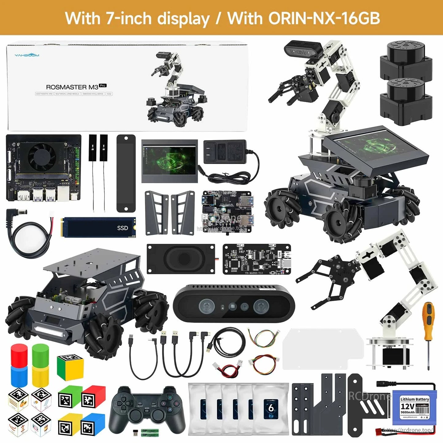 Yahboom ROSMASTER M3 Pro ROS2 robot kit with 7-inch display, ORIN-NX-16GB module, chassis, wheels, arms, and controller