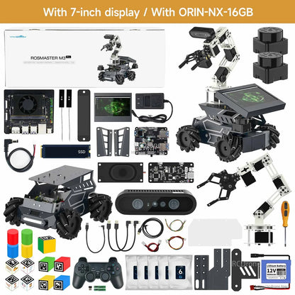 Yahboom ROSMASTER M3 Pro ROS2 robot kit with 7-inch display, ORIN-NX-16GB module, chassis, wheels, arms, and controller
