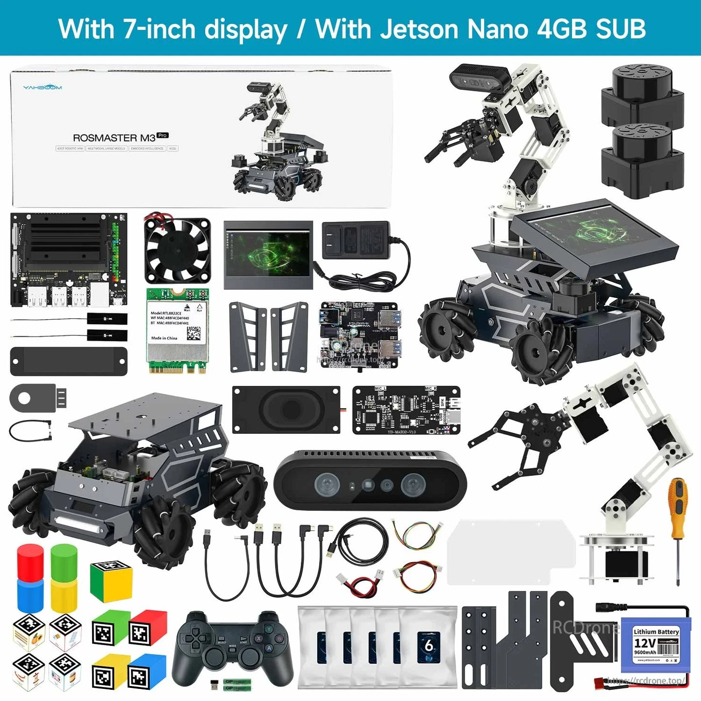 Kit contents layout: with 7-inch display, with Jetson Nano 4GB SUB components, arm, sensors, and accessories