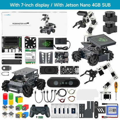 Kit contents layout: with 7-inch display, with Jetson Nano 4GB SUB components, arm, sensors, and accessories