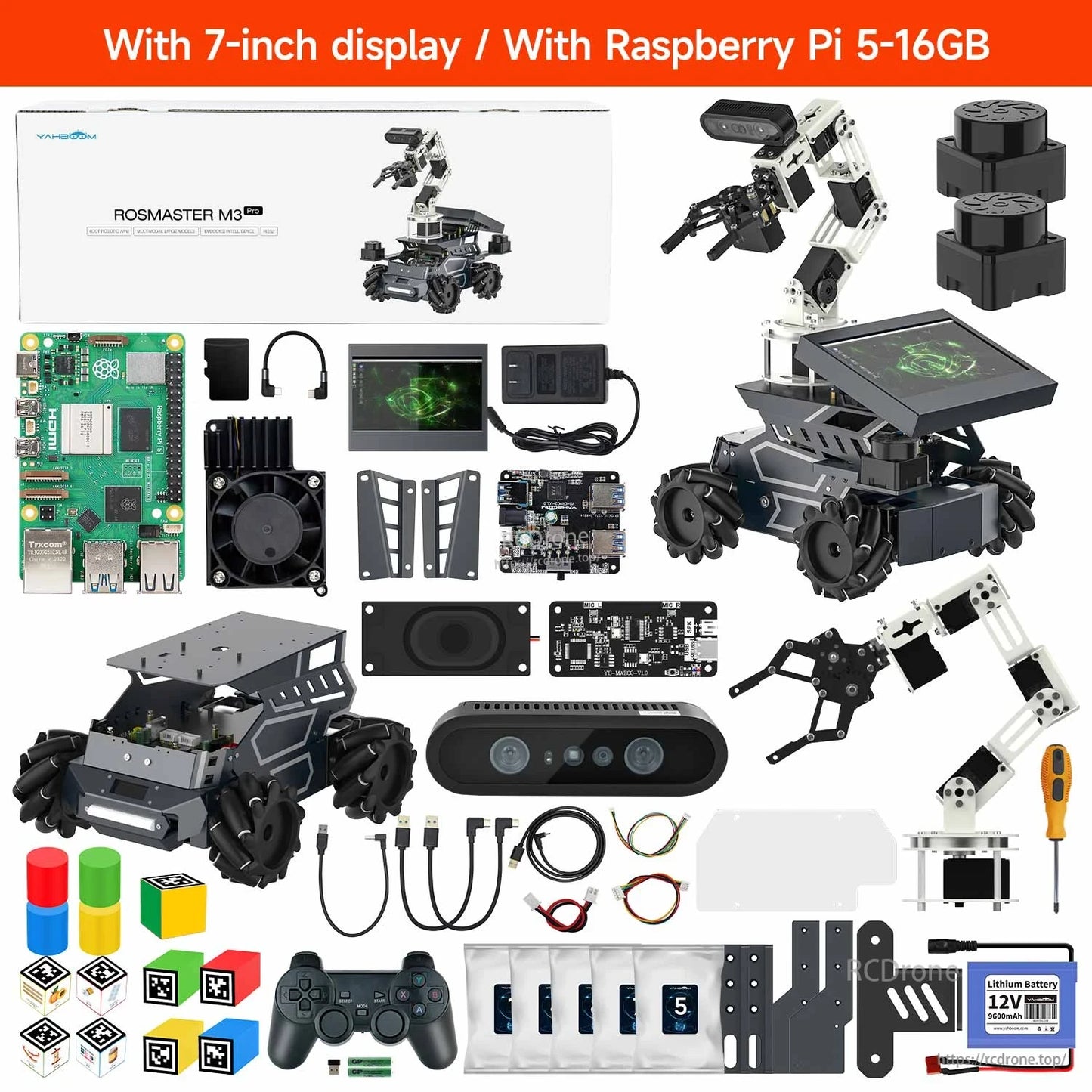 Kit contents layout: with 7-inch display, with Raspberry Pi 5 (5–16GB) parts, arm, sensors, and accessories