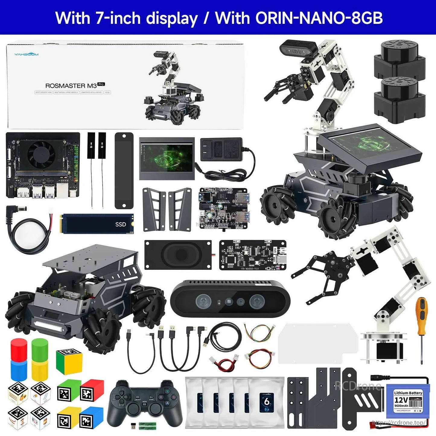 Yahboom ROSMASTER M3 Pro ROS2 Robot kit contents: with 7-inch display and Orin Nano 8GB components
