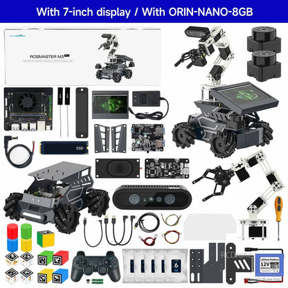 Yahboom ROSMASTER M3 Pro ROS2 Robot kit contents: with 7-inch display and Orin Nano 8GB components