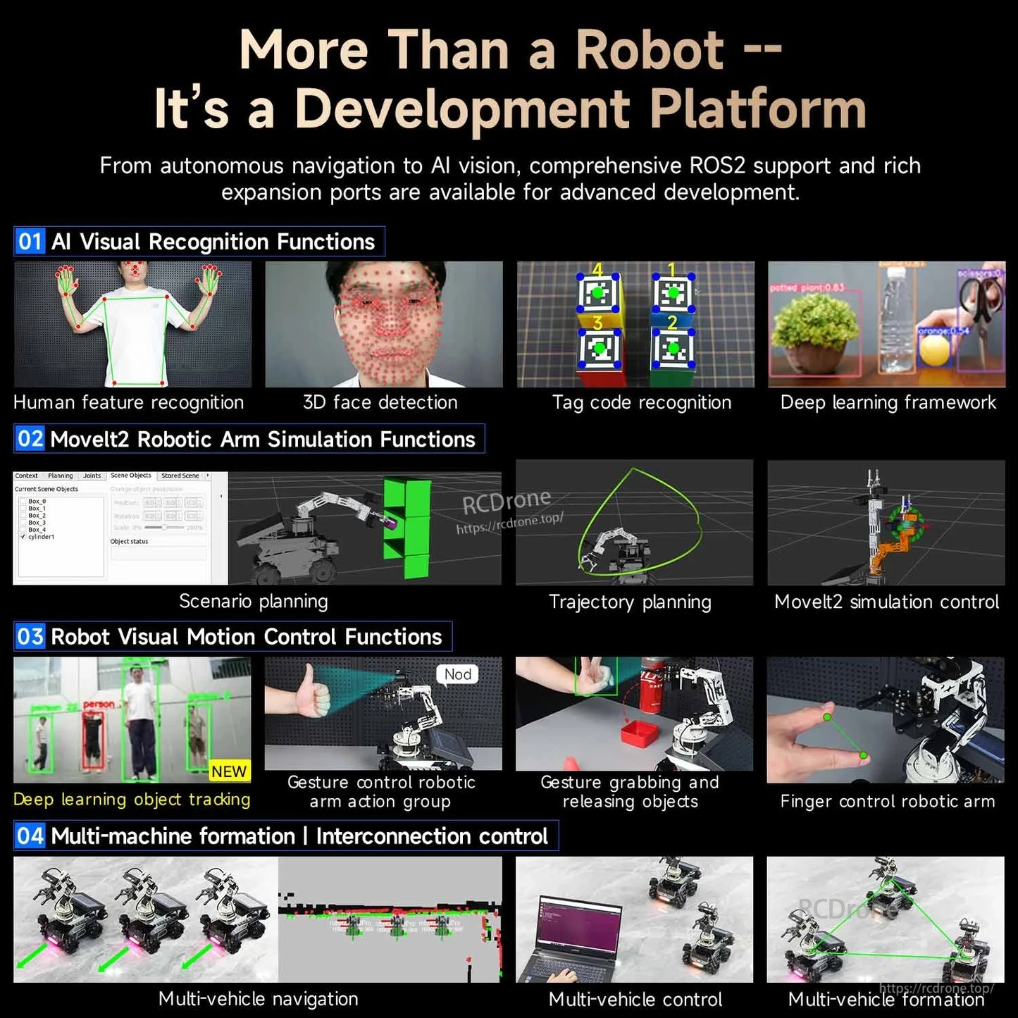 Development platform overview: AI vision, MoveIt2 arm simulation, gesture control, and multi-robot coordination