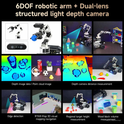 6DOF arm with dual-lens structured-light depth camera demos: point cloud, measurement, edge detection, mapping