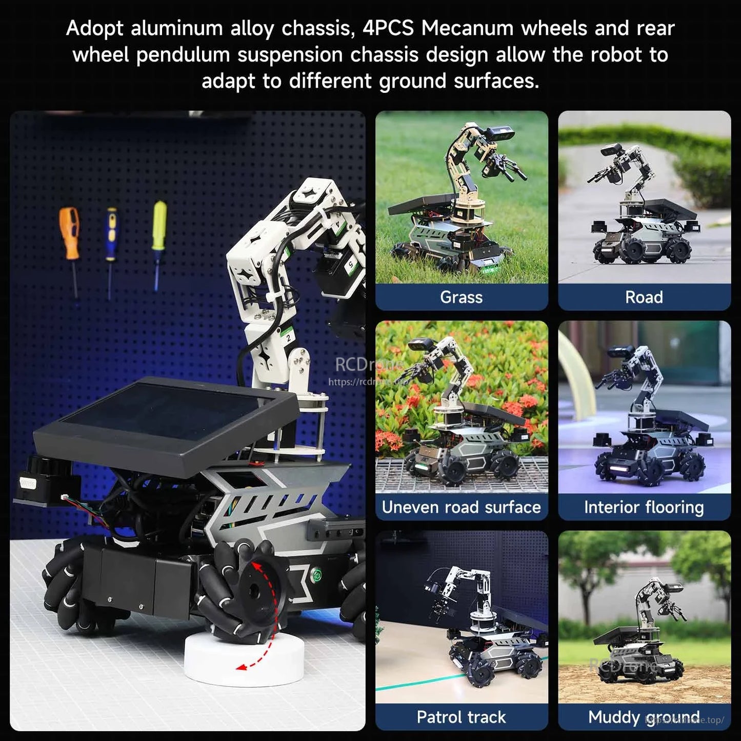Alloy chassis and Mecanum wheel mobility examples across grass, road, uneven surface, indoor flooring, mud