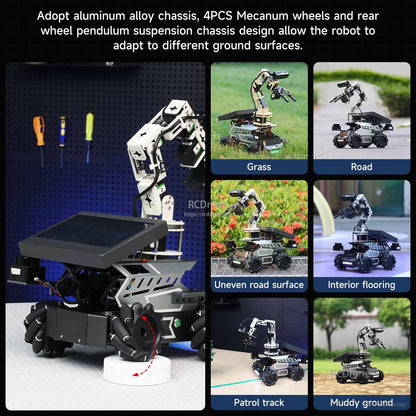 Alloy chassis and Mecanum wheel mobility examples across grass, road, uneven surface, indoor flooring, mud