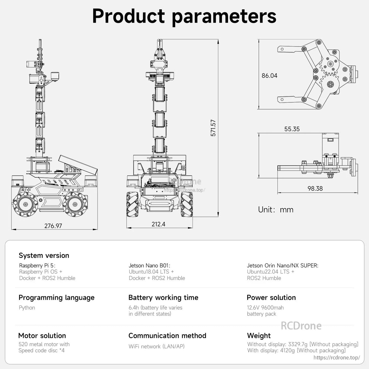 Product parameter diagram with dimension drawings (mm) and basic system info table for the robot platform