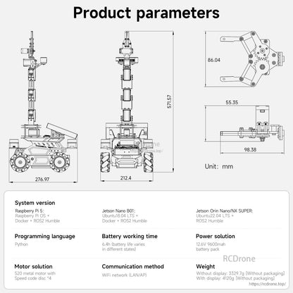 Product parameter diagram with dimension drawings (mm) and basic system info table for the robot platform