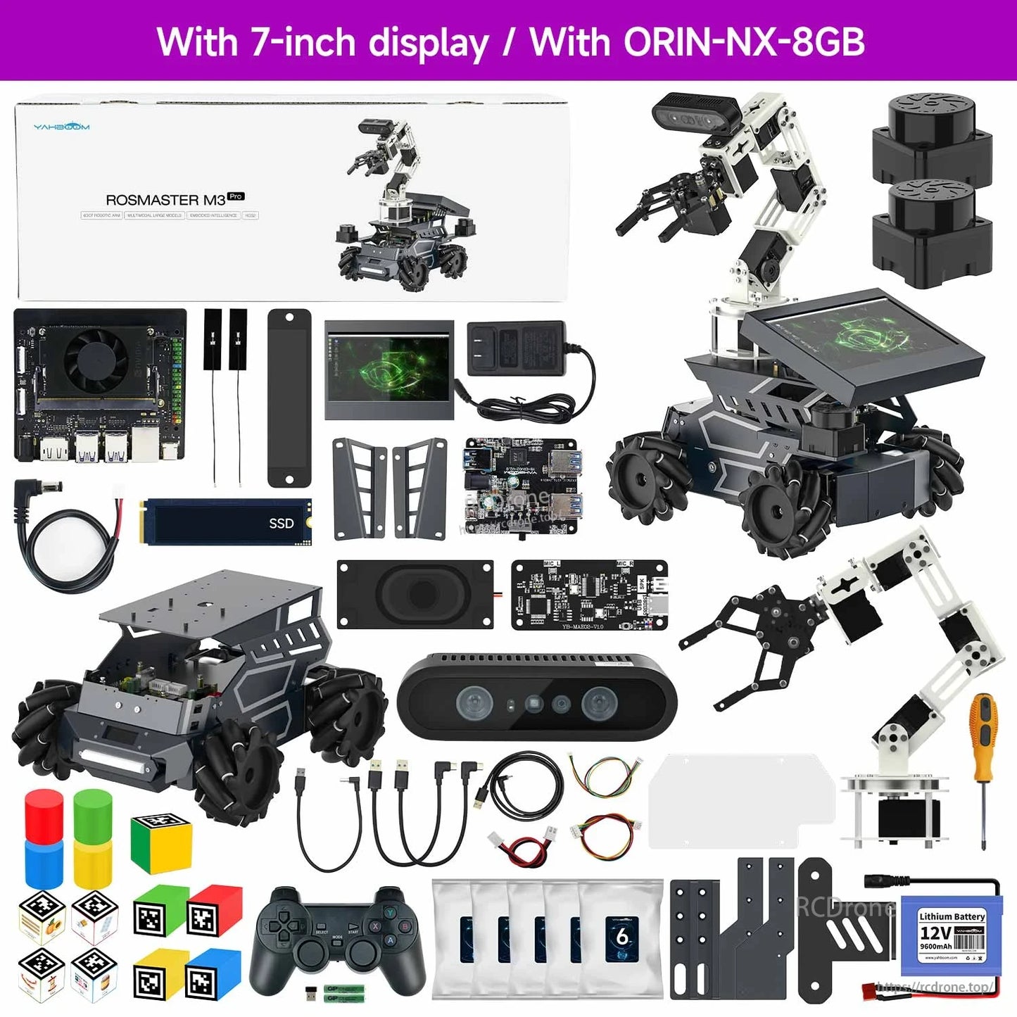 Yahboom ROSMASTER M3 Pro ROS2 robot kit with wheeled chassis, robotic arm, 7-inch display, controller and modules