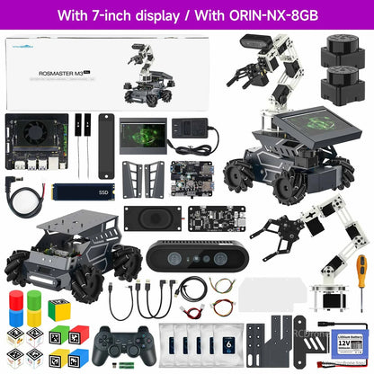 Yahboom ROSMASTER M3 Pro ROS2 robot kit with wheeled chassis, robotic arm, 7-inch display, controller and modules