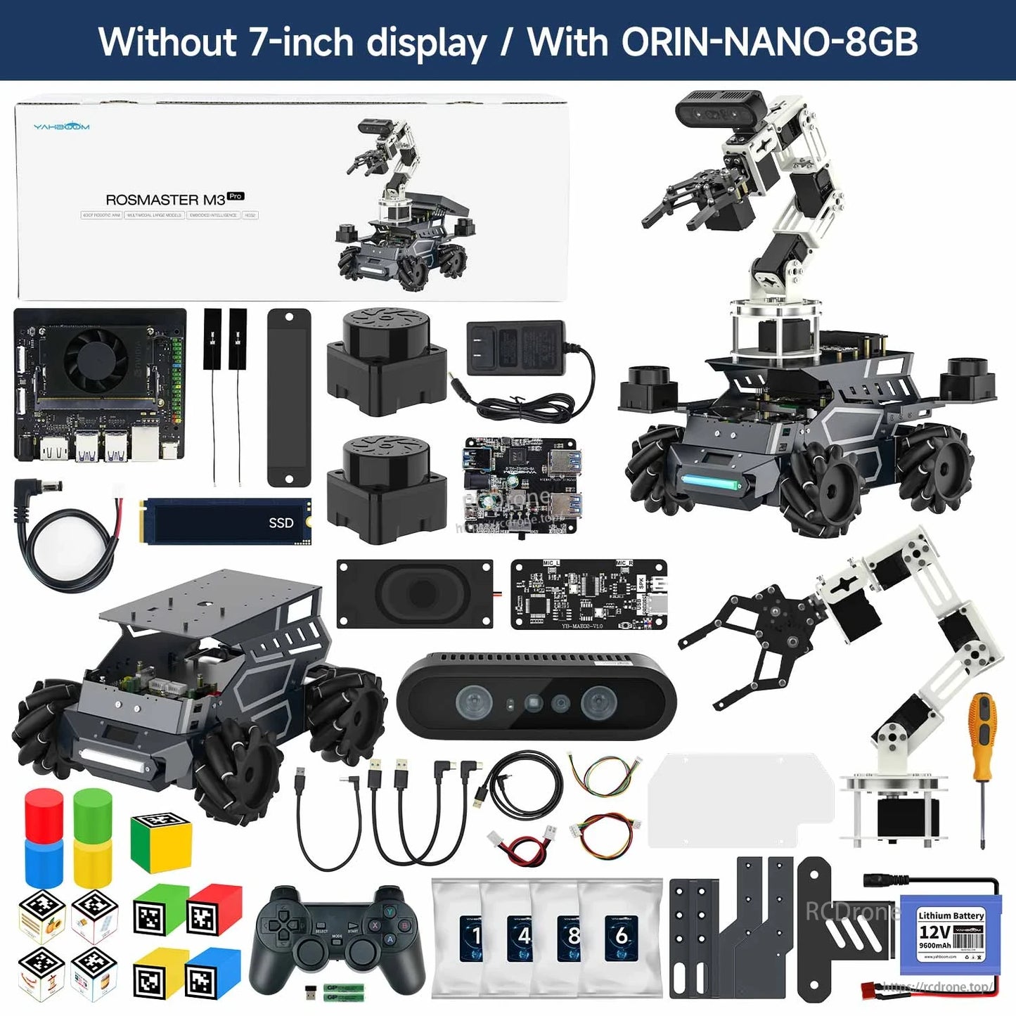 Kit contents layout: without 7-inch display, with Orin Nano 8GB parts, sensors, arm modules, and accessories