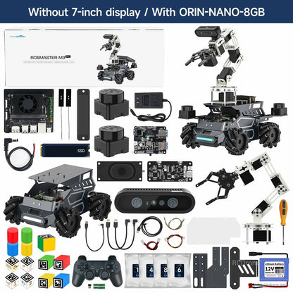 Kit contents layout: without 7-inch display, with Orin Nano 8GB parts, sensors, arm modules, and accessories