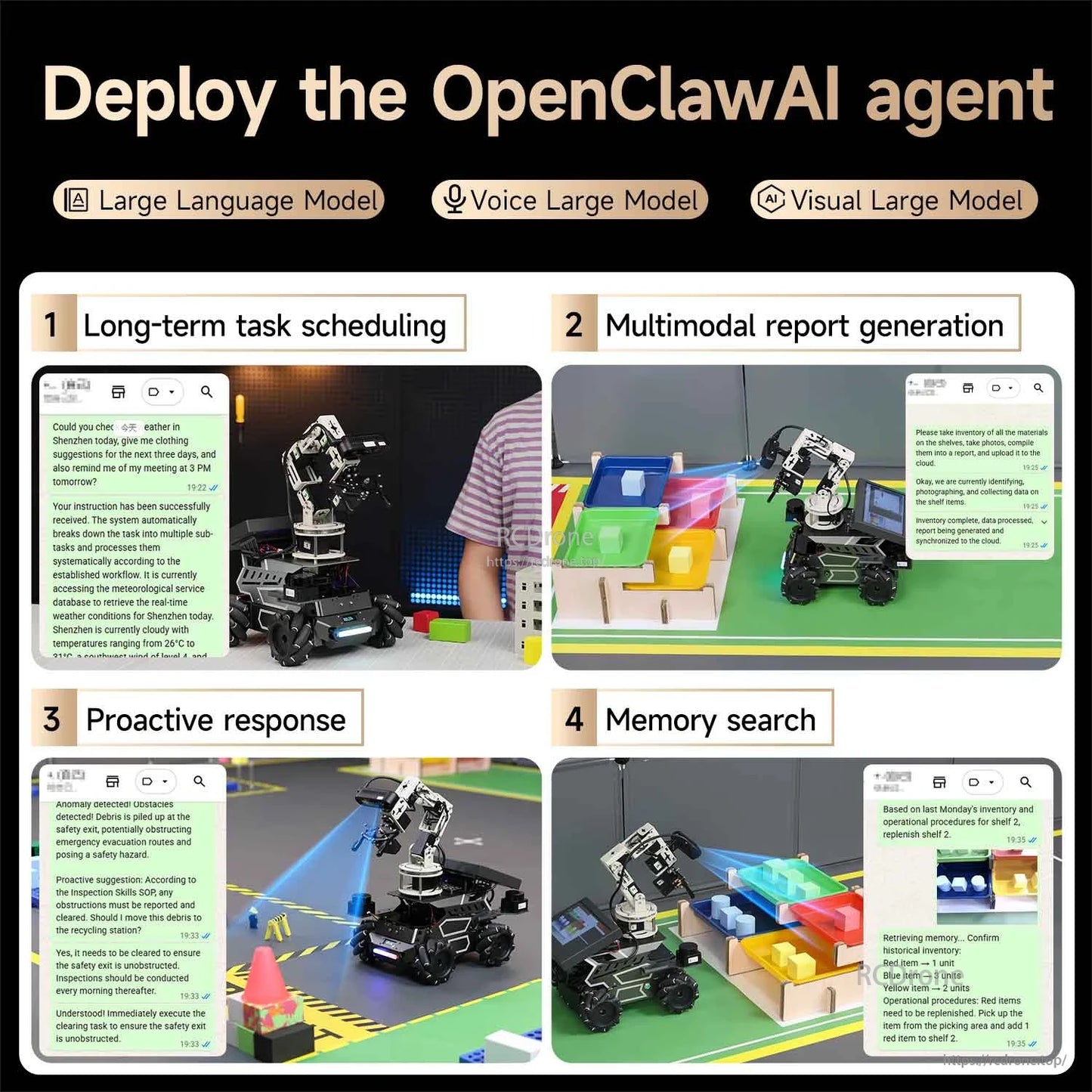OpenClaw AI agent capabilities: task scheduling, multimodal report generation, proactive response, and memory search demos