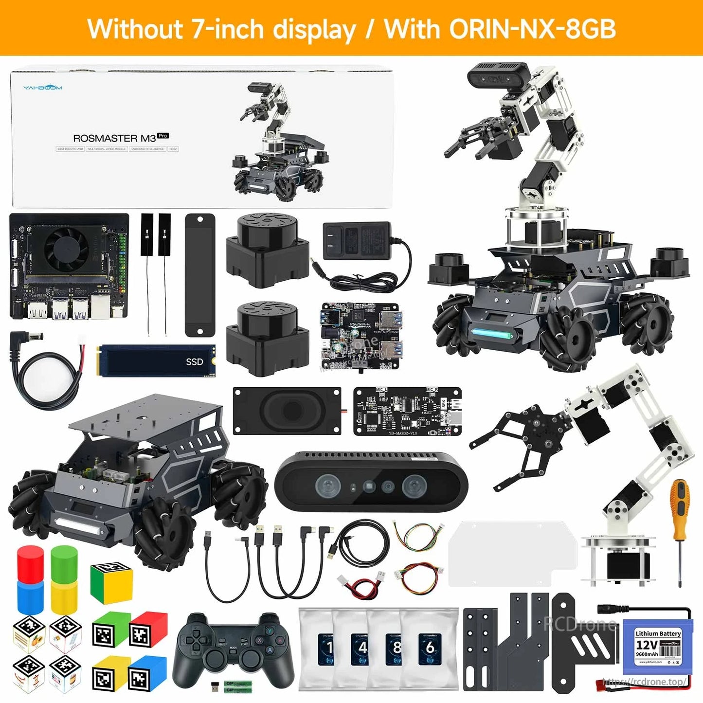 Yahboom ROSMASTER M3 Pro ROS2 robot kit with Jetson Orin NX 8GB, chassis, arm, controller, and wiring parts