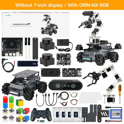 Yahboom ROSMASTER M3 Pro ROS2 robot kit with Jetson Orin NX 8GB, chassis, arm, controller, and wiring parts