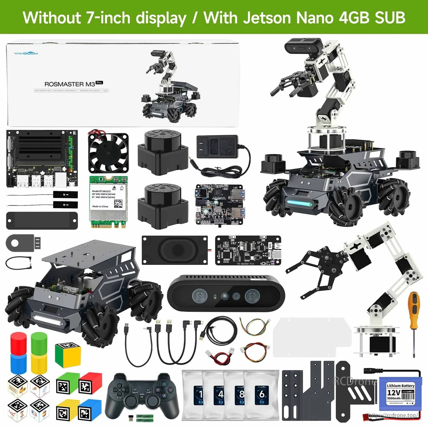 Kit contents layout: without 7-inch display, with Jetson Nano 4GB SUB parts and included accessories