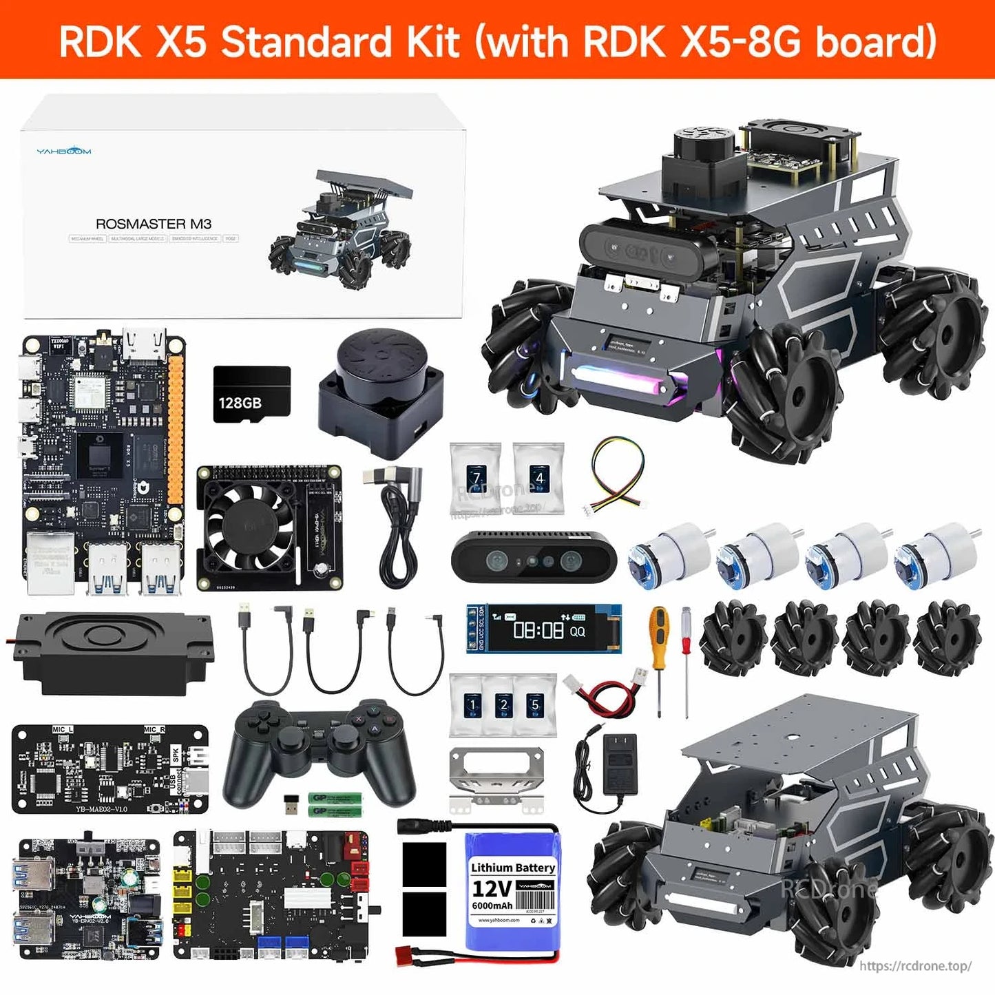 Yahboom ROSMASTER M3 ROS2 AI Large Model Robot, Yahboom ROSMASTER M3 robot kit with wheeled chassis, control boards, camera module, 12V bat.